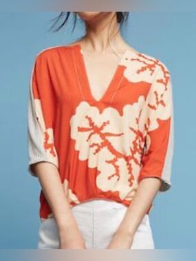 Karen Zambos Orange and Cream Floral V-Neck Top / Anthropologie size M